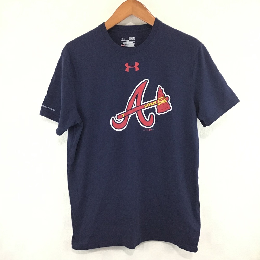 Under Armour Atlanta Braves MLB HeatGear Navy Blue Graphic T-Shirt Mens Medium